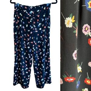 Zara Floral Print Wide Leg Cropped Pants Womens M Black‎ Multicolor Pockets